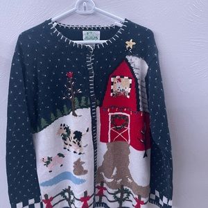 Quacker Factory Barnyard Farm Animal Christmas Ugly Sweater Cardigan Medium